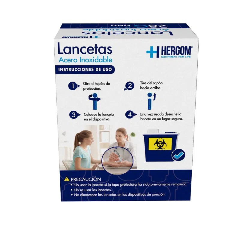 Lancetas para Glucómetro 28G de Acero Inoxidable | Caja con 100 Piezas | Hergom