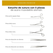Estuche de sutura con 5 piezas + Pad de Silicón de 3 Capas Hergom Premium | Acero inoxidable Alemán de alta calidad