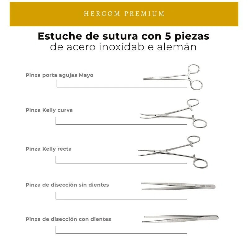 Estuche de sutura con 5 piezas + Pad de Silicón de 3 Capas Hergom Premium | Acero inoxidable Alemán de alta calidad