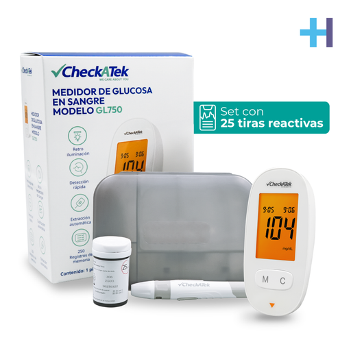 Glucómetro pantalla LCD con 25 tiras reactivas, pluma de punción de lancetas y estuche | Marca Checkatek